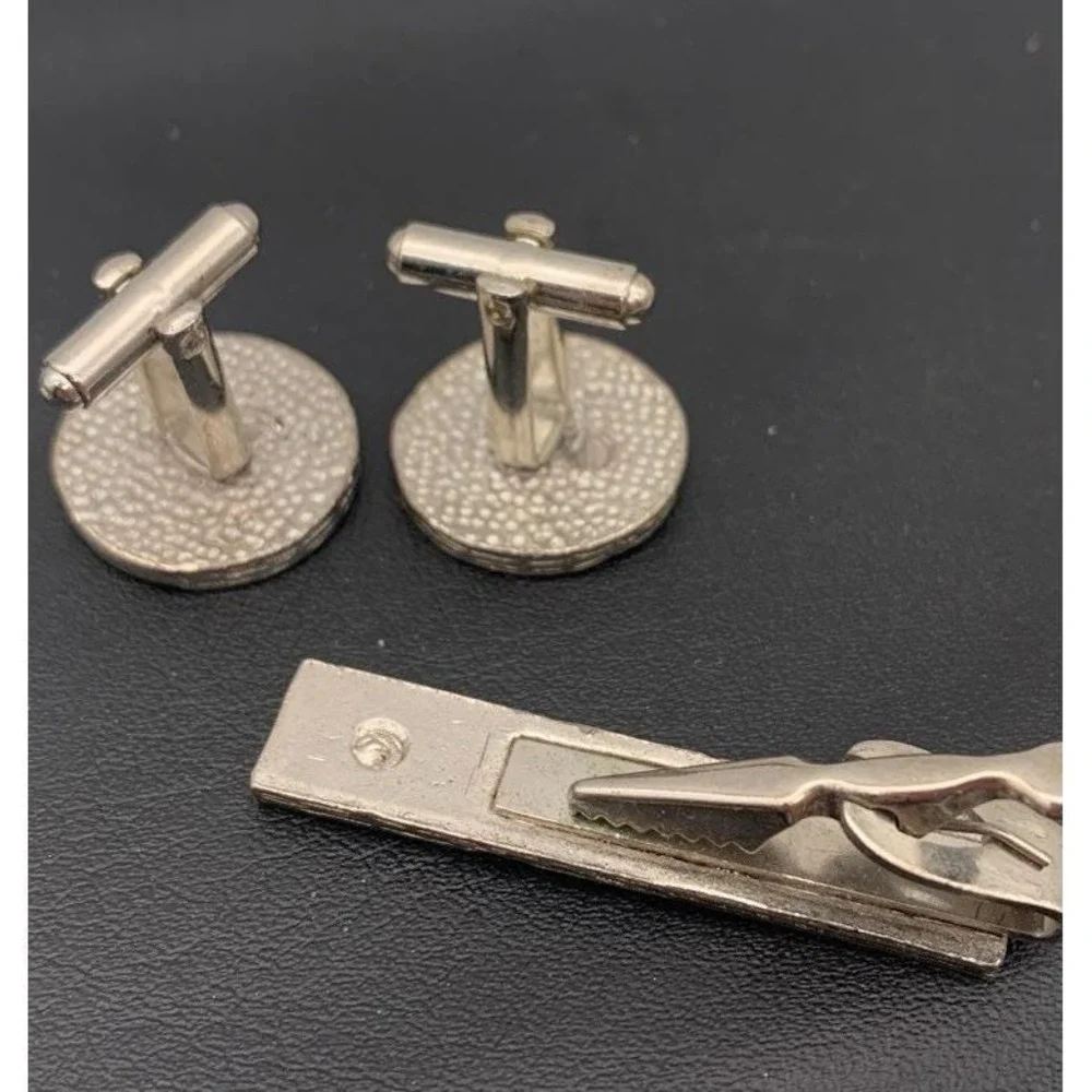 Vintage Silver Tone Wood Grain Abstract Look W Rhinestone Tie Clip & Cufflinks